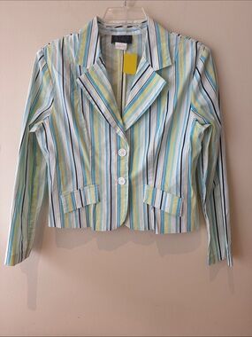 100%Cotton Vintage Star City Striped Pastel Blazer in Light Blue, Lime & White
